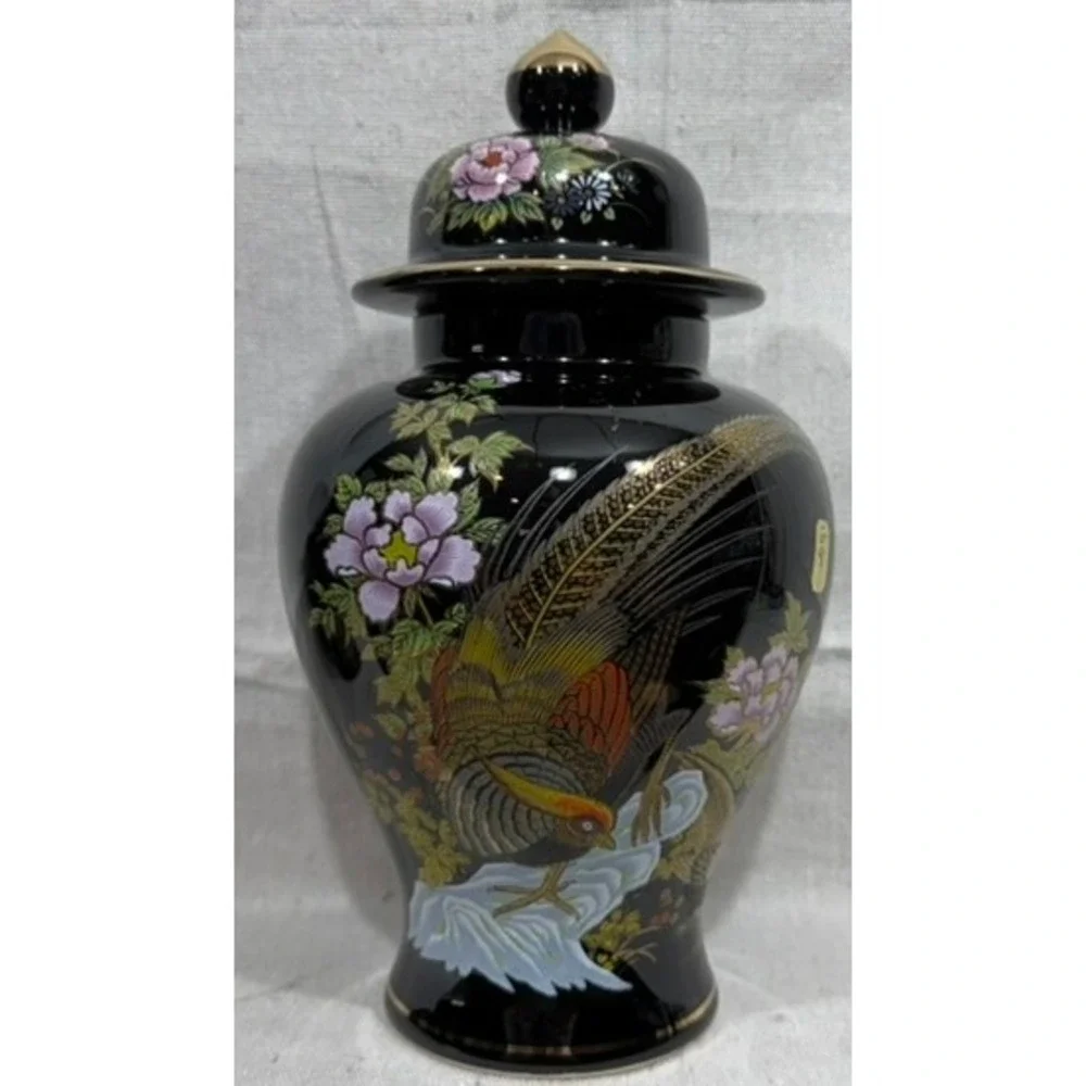 Yamaji Japan Black Porcelain Vase Set 3pc Peacock Floral Gold Trim Chinoiserie